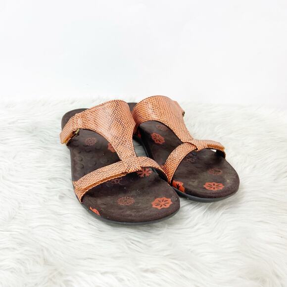 Orthaheel Vionic 9 Womens Orange Snake Print Leather Thong Slide Sandals - Picture 1 of 9
